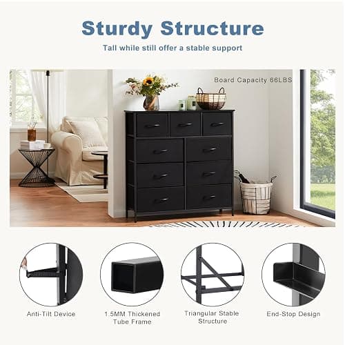 DUMOS Dresser for Bedroom, Storage Organizer with 9 Drawers, Chest of Drawers with Fabric Bins, Sturdy Metal Frame, Wood Tabletop for Guest Room, Closet, Entryway, Black thumbnail 7