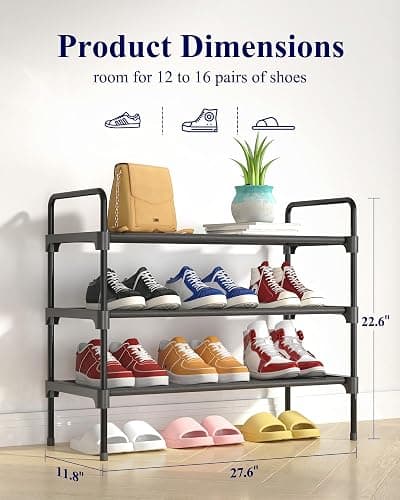 Kitsure Shoe Rack for Closet, Shoe Storage, 27.6" Wide - 3 Tiers, Black | Shoe Organizer for Closet, Entryway, Living Room, Space-Saving Shoe Shelf, Sturdy Zapateras Organizer thumbnail 3