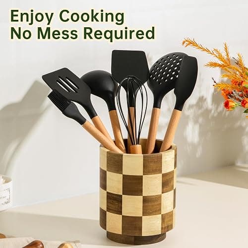 Fyctio Wooden Utensil Holder, 360° Rotating Acacia Wood Kitchen Utensil Holder for Countertop, 7.2" Non-Slip Large Utensil Holder for Kitchen, Farmhouse Countertop Decor, Spatula Holders, Checkered thumbnail 4