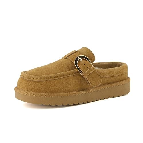 CUSHIONAIRE Origin Genuine Suede Mule Clogs for Women, Cozy Slip-On Moc Toe Loafer with Buckle and Faux Fur Cushioned Footbed thumbnail 9