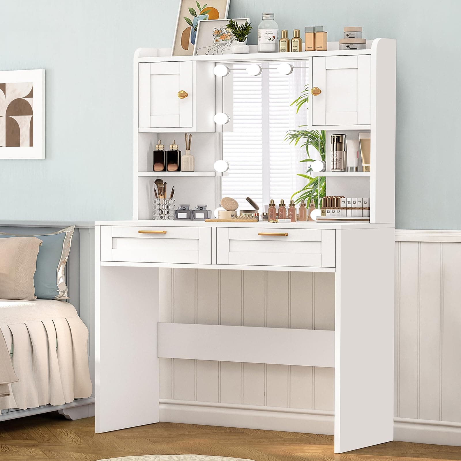 FIONESO Makeup Vanity Desk with HD Mirror & 10 Lights, Dressing Table with 2 Cabinets & 2 Shelves, Makeup Vanity Table with 2 Drawers & 3 Lighting Modes, Vanity Desk Set for Girls & Women, White thumbnail 7
