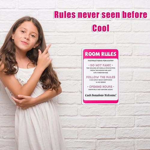 Room Rules Sign for Teen Girls, Funny Pink Bedroom Decor Cute Gaming Room Door Decor Metal Tin Signs for Teen girls Room Dorm Wall Accessories 12x8 Inch thumbnail 3