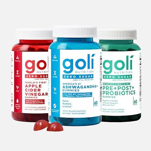 Goli Zero Sugar Trio- World's First 3-in-1 Pre, Post, Probiotic, Apple Cider Vinegar with Vitamin B12 and Probiotics, Ashwagandha & L-Theanine, Vitamin D gummies. Vegan, Gelatin & Gluten-Free, Non-GMO - Image 1