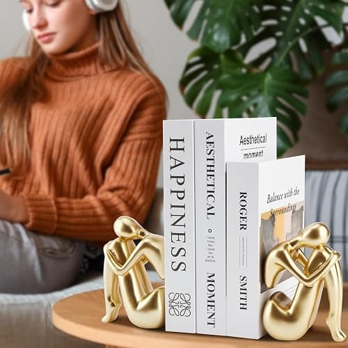 Xmeden Gold Book Ends, Girl Thinker Design, Modern Bookends for Shelves, Non-Skid Heavy Duty Resin Book Stopper for Books, Resin, 1Pair/2Piece thumbnail 2