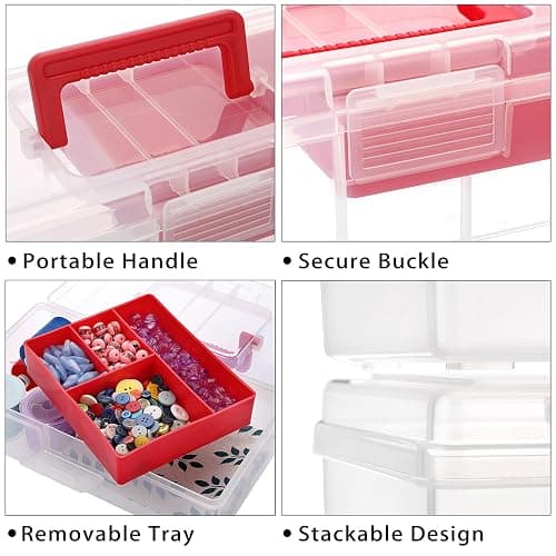BTSKY 2 PCS Clear Plastic Storage Box with Removable Tray Multipurpose Stationery Storage Box with Handle Handy Sewing Box Art Craft Supply Organizer Home Utility Box (Red) thumbnail 5