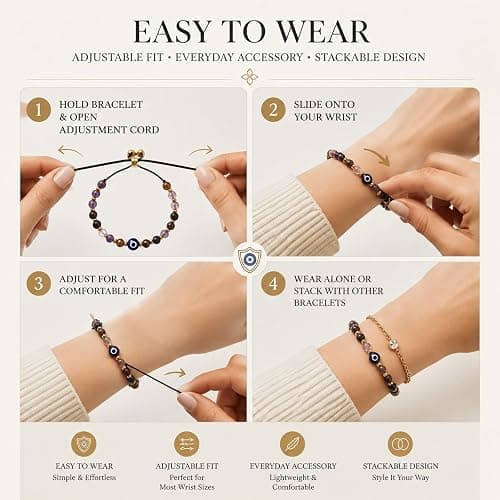Evil Eye Bracelet, Adjustable Evil Eye Bracelet With 5 Natural Crystal Beads, Spiritual Protection Bracelet For Women And Men, Good Luck Stone Jewellery Gift With Meaning Card, Everyday Wear Meditatio thumbnail 4