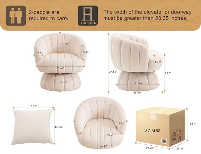 Mistpople Mid Century Modern 360 Degree Barrel Swivel Accent Sofa Chair,Fluffy Velvet Fabric Lounge Wide Upholstered Pumpkin Reading Chair, Round Cloud Armchair for Living Room,Bedroom,Vanity(Beige) thumbnail 2