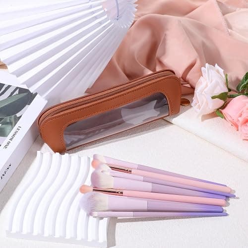 Small Clear Makeup Pouch, PU Leather Makeup Brush Bag Portable Travel Mini Cosmetic Bag Transparent Waterproof Organizer Pouch with Zipper for Women Home Travel Office Cosmetic Storage (Brown) thumbnail 2