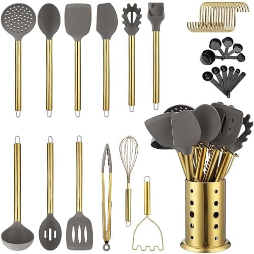 Gold Kitchen Utensils Set, Kyraton 38 Pieces Non-Stick Silicone Cooking Utensils Set, Spoon Spatula Set with Sturdy Stainless Steel Utensil Holder, Dishwasher Safe - Image 1