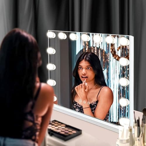 MKupView 22.8" x 18.2" Vanity Mirror with Lights White Makeup Mirror Hollywood Mirror with 15 Dimmable LED Bulbs 3 Color Modes 10X Magnification & USB Charging Port Mirror for Wall-Mounted thumbnail 8