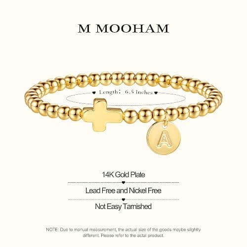 M MOOHAM Christmas Stocking Stuffers - Initial Bracelets for Women, Cross Bracelet for Womens Letter A-Z Cross Bracelet Gold Beaded Bracelets Dainty Small Jewelry, Religious Christian Gifts for Women thumbnail 6