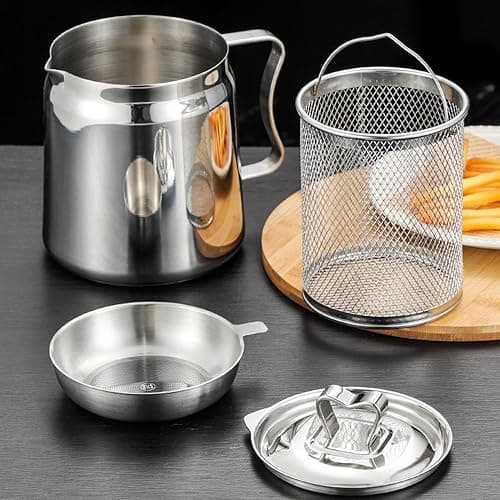 Arshany 2L Grease Container with Strainer, 4 in 1 Large Capacity Oil Container with Strainer Tray, Frying Basket & Lid, Stainless Steel Oil Filter Pot for Storing Cooking Frying Oil & Bacon Grease thumbnail 2