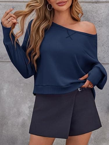 Fisoew Womens Off The Shoulder Crop Tops Casual Long Sleeve Oversized Fall Pullover Sweatshirts thumbnail 2