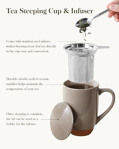 MALACASA Ceramic Tea Mug with Lid and Stainless Steel Infuser, 18 oz Large Tea Cup for Loose Leaf Tea, Heat-Resistant, Microwave & Dishwasher Safe, Speckled Glaze Coffee & Tea Brewer Mug, Khaki Brown thumbnail 5
