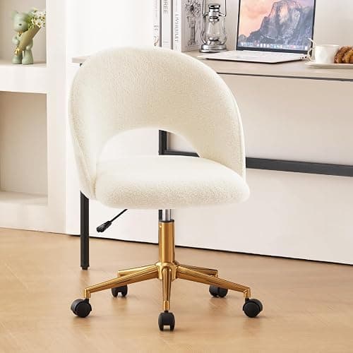 Furnimart Swivel Rolling Desk Chair, Adjustable Faux Fur Vanity Chair with Gold Legs, Cute Task Chair with Wheels for Living Room Bedroom Studying Small Places (Faux Fur White) thumbnail 2
