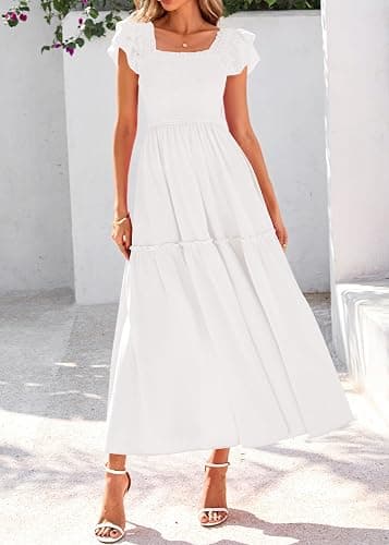 KIRUNDO Smocked Summer Dresses for Women 2026 Wedding Guest Midi Flowy Ruffle Short Sleeve Square Neck Tiered Sundress thumbnail 7