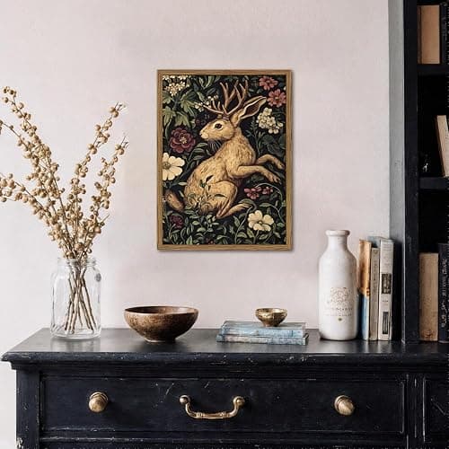 Vintage Rabbit Wall Art Whimsical Dark Cottagecore Jackalope Wall Decor Painting Moody Animal and Botanical Poster Canvas Print for Living Room Bedroom 12x16 inch Wood Framed thumbnail 7