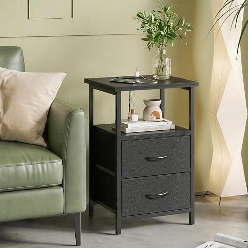 Fixwal Black Night Stand with Charger Station, Nightstand with Charging Station & Fabric Drawers thumbnail 6
