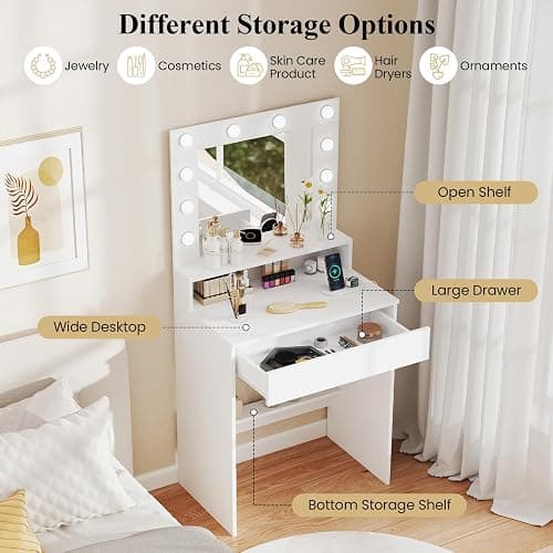LOKO Vanity Desk with Mirror & Lights, White Dressing Table with 3 Lighting Modes & Adjustable Brightness, Open Shelves & Large Drawer, Built-in Charging Station, Compact Makeup Vanity for Small Space thumbnail 5