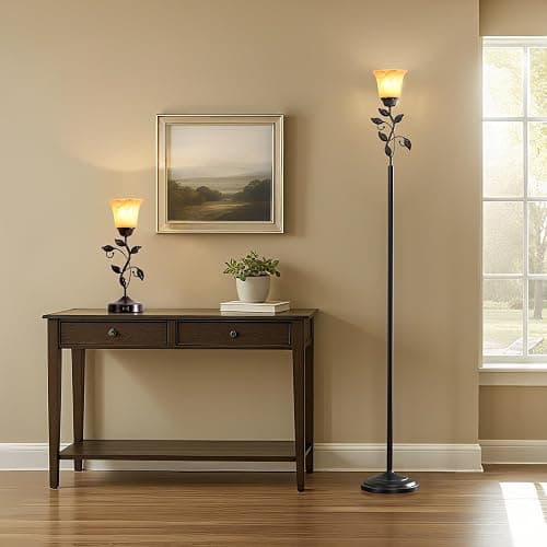 RORIANO 72” Flower Farmhouse Leaf Floor Lamp for Living Room | Rustic Tall Standing Lamp with Amber Glass Shade and Traditional Foot Switch for Bedroom, Corner, Office, Bulb Included thumbnail 9