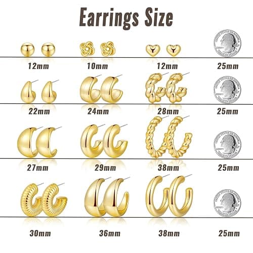 12 Pairs Chunky Gold Hoop Earrings for Women Trendy, Gold Plated Lightweight Hypoallergenic Stack, Thick Open Twisted Huggie Hoops Earring Set thumbnail 6