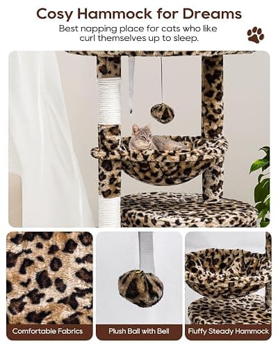 SYANDLVY Small Leopard Print Cat Tree for Indoor Cats, Cat Tower with Scratching Post, Modern Cat House with Padded Perch, Kittens Condo with Cradle, Cat Cave - 29.6" - Leopard Print thumbnail 4