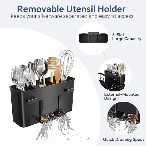 Simple Trending Dish Rack, Stainless Steel Dish Drying Rack for Kitchen Counter, Large Capacity 2-Tier Dish Drainer Organizer with Utensil Holder, Black thumbnail 5