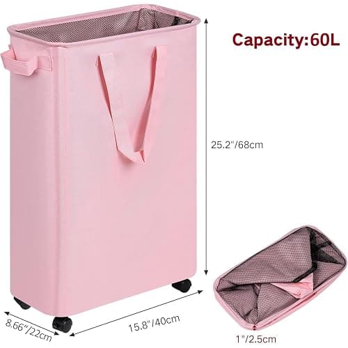 efluky Slim Laundry Hamper with Wheels, Rolling Laundry Basket for Clothes, Small Laundry Basket for Bedroom, Dorm and Laundry Room, 60L (12.7 Gallons) Pink thumbnail 3