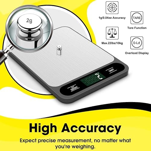 Mik-Nana Food Scale, 10kg/22lb Digital Kitchen Scale Weight Grams and Ounces for Baking Cooking Coffee Package Postage, 6 Units with Tare Function, LCD Display, Easy Clean Stainless Steel thumbnail 6