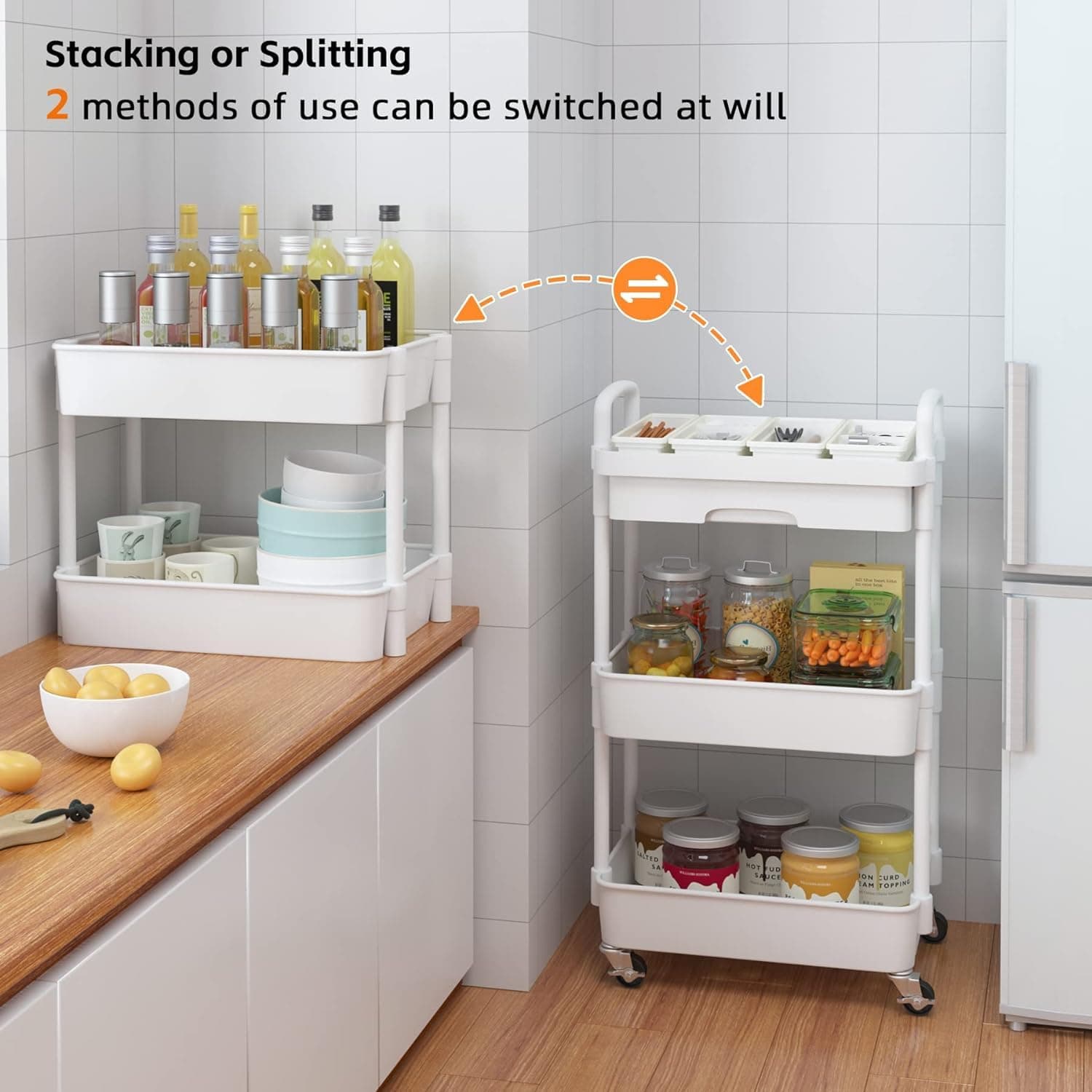3-Tier Rolling Utility Cart with Drawer,Multifunctional Storage Organizer with Plastic Shelf & Metal Wheels,Storage Cart for Kitchen,Bathroom,Living Room,Office, (White-3Tier) thumbnail 9