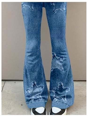 WDIRARA Girl's 2 Piece Outfits Star Denim Print Short Sleeve T Shirt and Bell Bottom Flare Pants Sets thumbnail 4