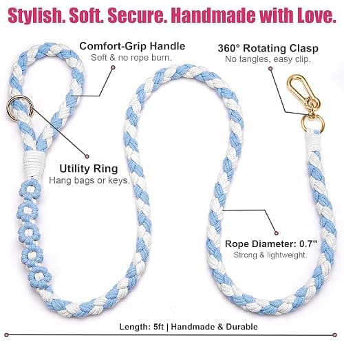 Handmade 5ft Braided Cotton Dog Leash with Unique Floral Handle, Durable and Stylish, Ideal for Small to Large Dogs,Blue & White Color thumbnail 6