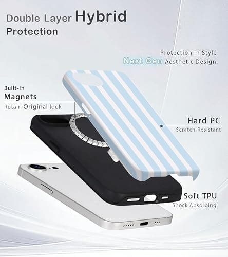 Amzfield Compatible with iPhone 16e/17e Case Compatible with Magsafe Striped Aesthetic Magnetic Women Girls Chic Girly Dual Layer Hybrid Protection Case for iPhone 16e for iPhone 17e, Blue thumbnail 2