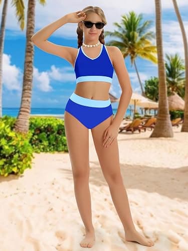 Girls Swimsuit Color-Block High Waist Sporty Sets Girls Two Piece Bathing Suit with Chest Pad Swimwear 7-16T thumbnail 8