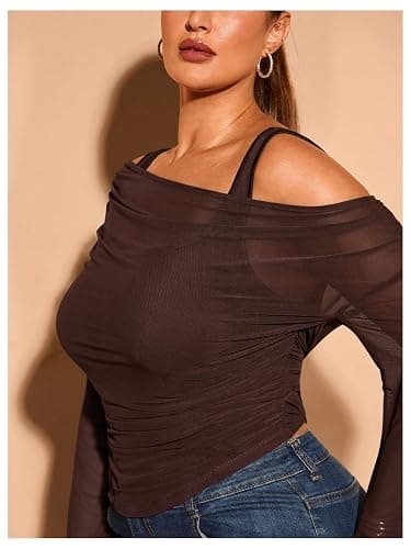 WDIRARA Women's Plus Size 2 in 1 Off Shoulder T Shirt Ruched Sheer Bell Long Sleeve Tee thumbnail 4