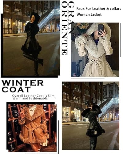 GRAN ORIENTE Women's Faux Leather Jacket with Faux Fur Collar, Winter Long Sleeve Furry Trim Peplum Parka Coat with Belt thumbnail 5