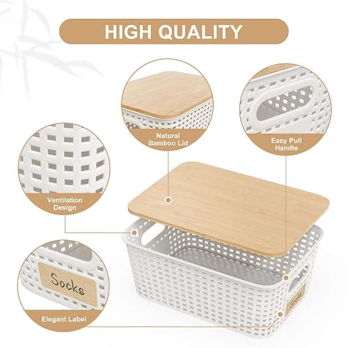 Plastic Storage Bins with Bamboo Lid - Plastic Storage Baskets with Lid - Stackable Container with Lable for Organizing: Small Storage Box for Shelves Office Cabinet Drawer ,10x7.2x4 In - White 6 Pcs thumbnail 4