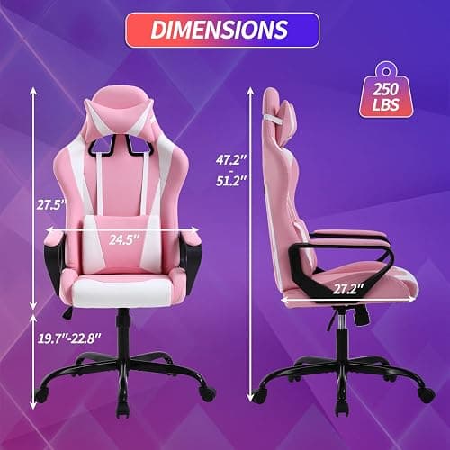 Pink Gaming Chair High-Back Office Chair Ergonomic Video Game Chairs Height Adjustable Reclining Computer Chair with Lumbar Support Armrest Headrest Swivel Chair Game Chair for Adult Teen - Pink thumbnail 3