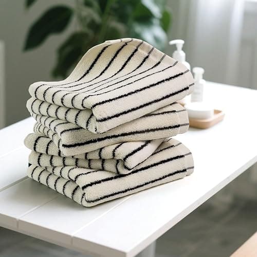 Hand Towels 4 Pack, Cotton Face Towels for Bathroom & Spa Days, Decorative Black Stripes for Kitchen Decor, 14” x 29” thumbnail 4