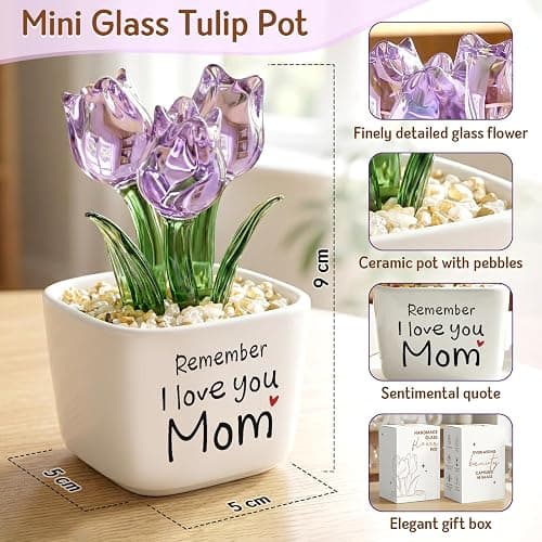 Birthday Gifts for Mom from Daughter Son - Mini Purple Glass Tulip | Remember I Love You Mom - Mom Birthday Gifts for Mothers - Collectible Flower Figurine thumbnail 3