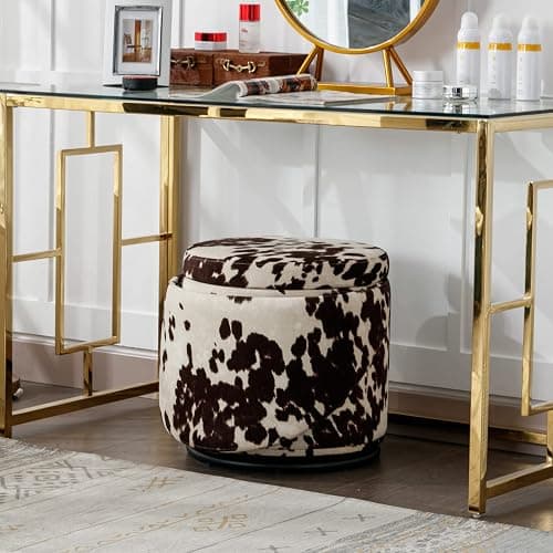 Ya-Home Modern Swivel Ottoman Vanity Chair, Linen Upholstered Barrel Club 360°Degree Swivel Side Stool with Storage, Comfy Makeup Stool for Bedroom Living Room, Milk Cow thumbnail 8
