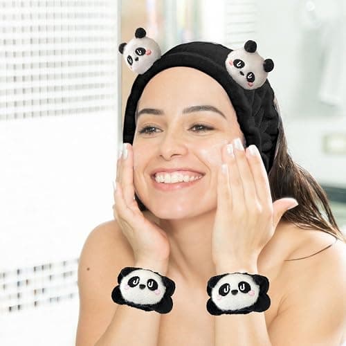JazSwirl Spa Headband Wrist Bands for Washing Face, 3 Pcs Black White Panda Face Wash Headbands, Kawaii Panda Headband with Arm Bands, Cute Animal Spa Makeup Skincare Headbands with Wristbands thumbnail 7