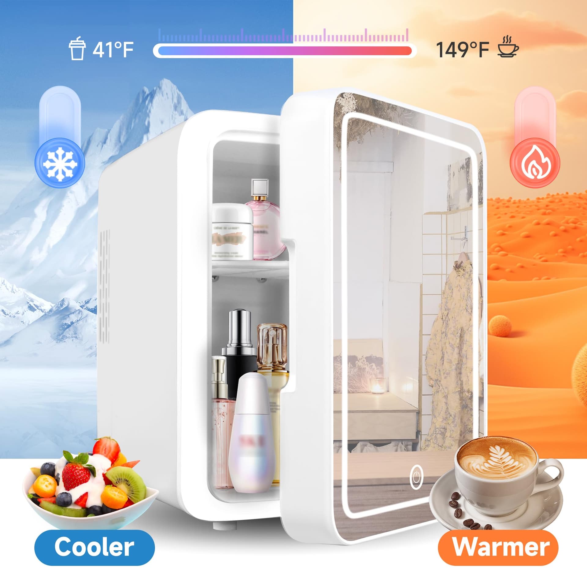 Juturnas Mini refrigerador de maquillaje, nevera para el cuidado de la piel con enfriador o calentador, alimentado por CA/CC, con espejo de luz LED, refrigerador pequeño portátil para cosméticos, thumbnail 4