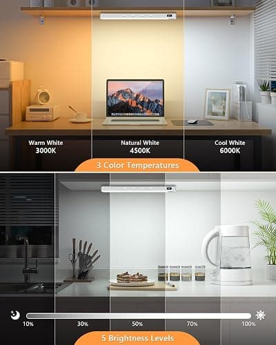 WILLED Under Cabinet & Closet Lights, Motion Sensor, Rechargeable, Magnetic, 3 Color Temps, Dimmable LED Light Bar for Indoor Kitchen Counter (2 Pack, White) thumbnail 4