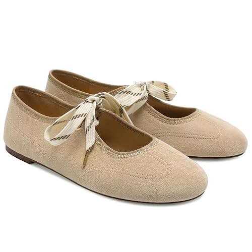 Yellhum Lace up Round Toe Ballet Flats for Women Cute Slip on Soft Mary Jane Flats Casual Ballerina Shoes - Image 1