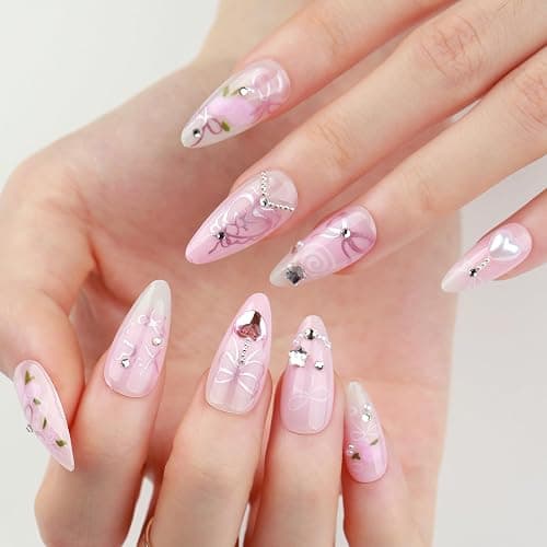 XZMeiLun 3D Handmade Spring & Summer Heart Pearl Press On Nails Almond Medium 24 Pcs, Flower Designer Reusable Acrylic Fake Nails with Glue, Wedding and Party, Daily wear Nails fro Women Gift thumbnail 2