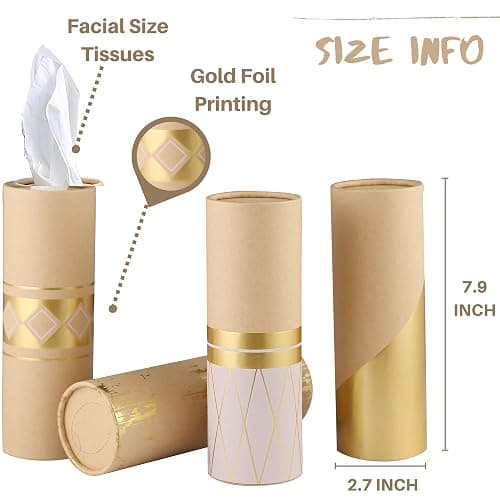 Car Tissue Holder with 3-ply Facial Tissues Bulk - 4 PK Gold Foil Cylinder, for Car, Travel Cup Holder, Refill Box Round Container Kraft thumbnail 3