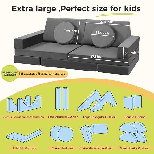 Modular Kids Play Couch 18pcs Toddler Floor Sofa, Sectional Couch for Children Bedroom and Playroom Furniture for Playing, Creativing, Convertible Foam and Floor Cushion for Boys and Girls thumbnail 7