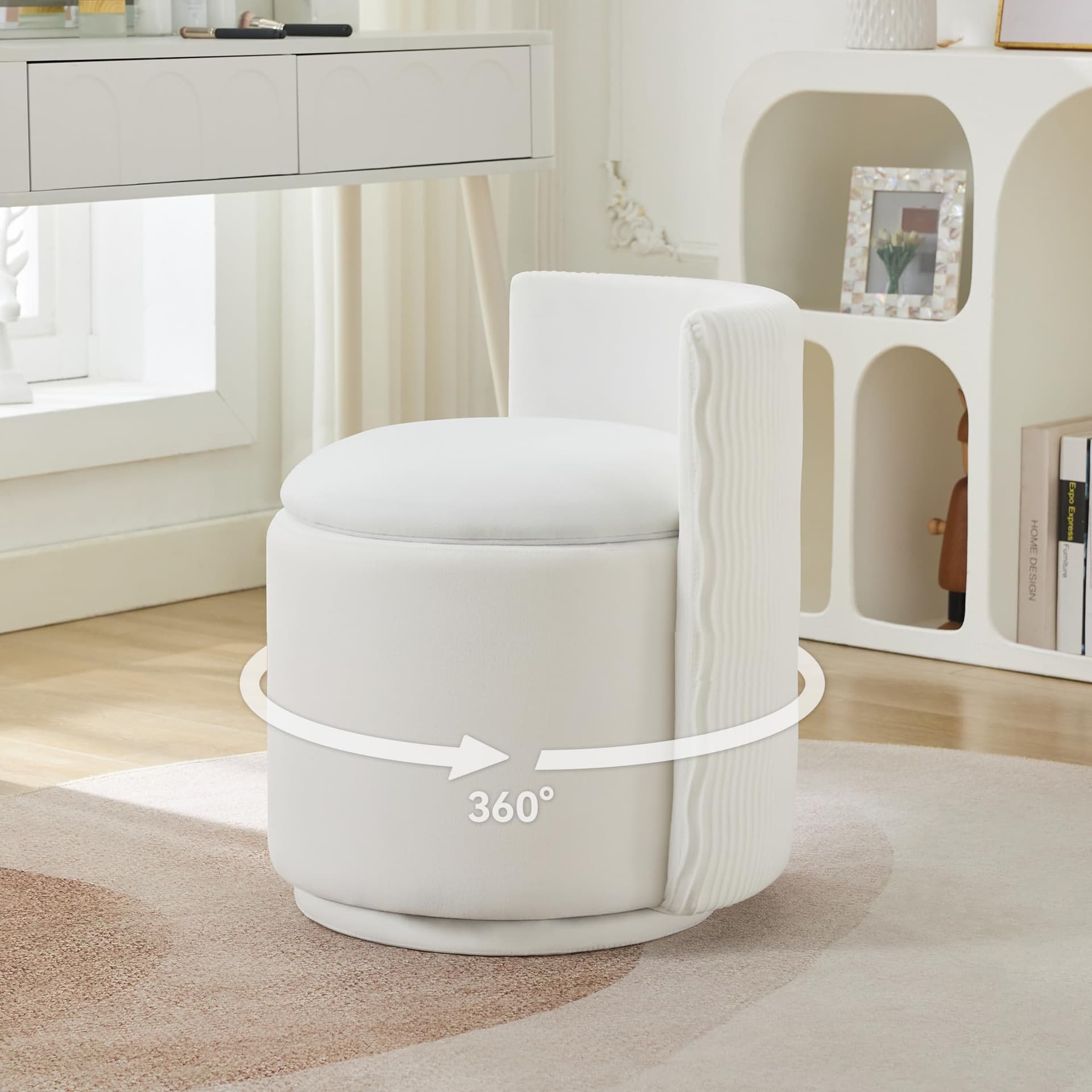 WUTUTUEE Velvet Vanity Chair with Storage, 360° Swivel Makeup Chair with Wave Back, No Assembly Small Accent Stool for Bedroom, Dressing, Living Room, White White Regular - Image 1
