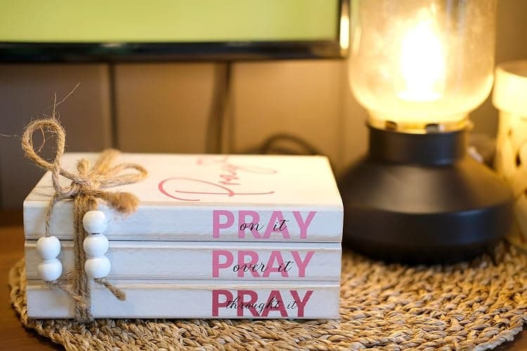 LIVDUCOT Pink Wood Book Stack Pray Christian Home Decor for Women - Wooden Block Sign Table Decoration - Inspiration Prayer Office Decor Religious Gift thumbnail 2